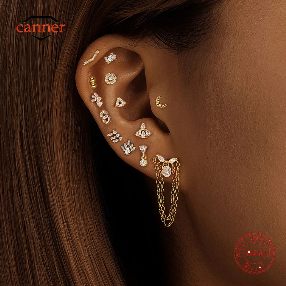 

CANNER 1PC 925 Sterling Silver Tassel Water Drop Zircon Cartilage Piercing Earring For Women 18K Gold Ins Stud Earring Gift