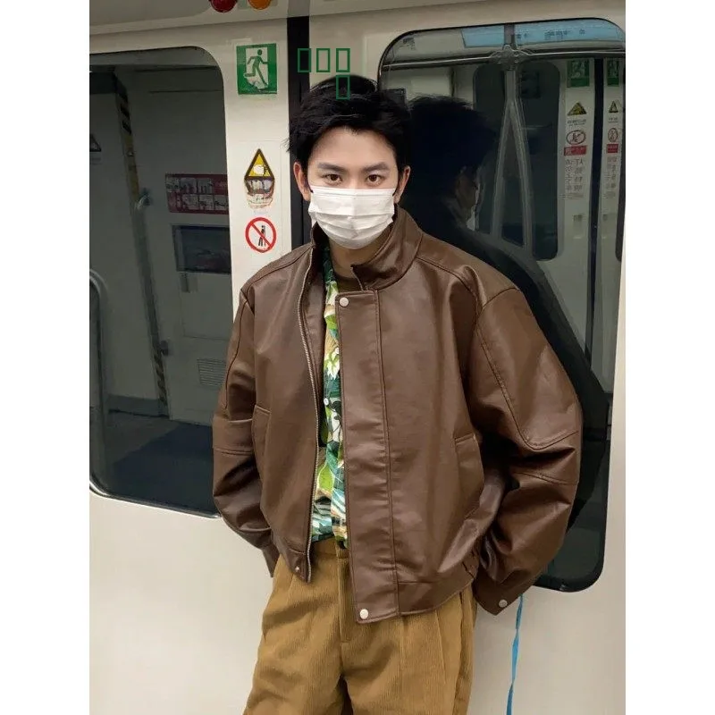 

Trendy ort Padded oulder Jaet Men's Faion Street Sle Retro Hong Kong Windbreaker Casual Loose Fit Waterproof PU Lea...