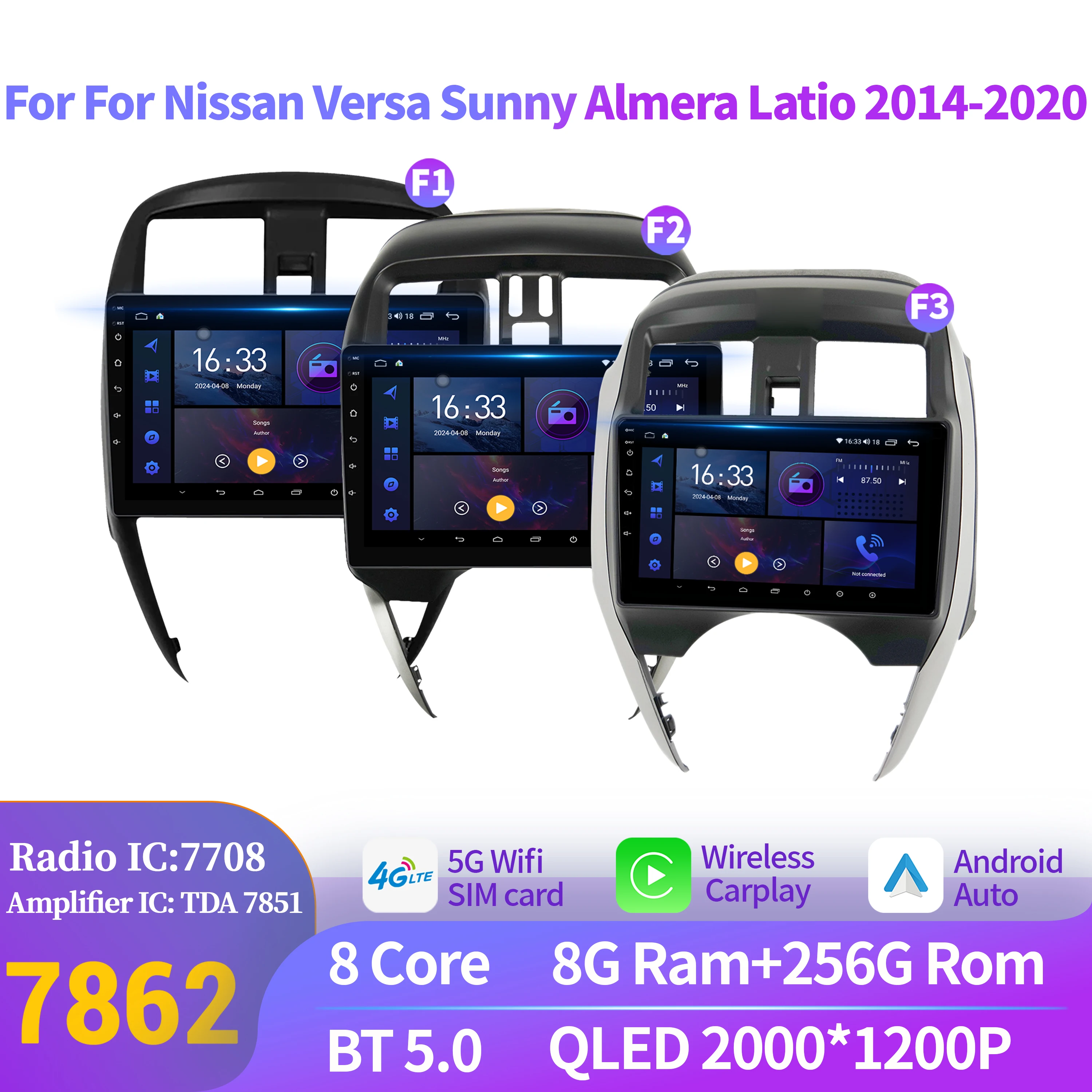 Android 14 For Nissan Versa Sunny Almera Latio 2014-2020 Car Radio Multimedia Navigation BT CarPlay 7862S 8G 256G 2K QLED Screen