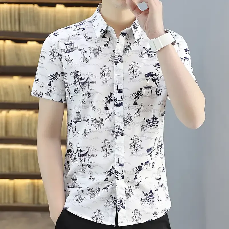 

Men's Summer Short Sleeve Floral Print Shirt Casual Slim Fit Youth Fashion Streetwear Button Down Blouse