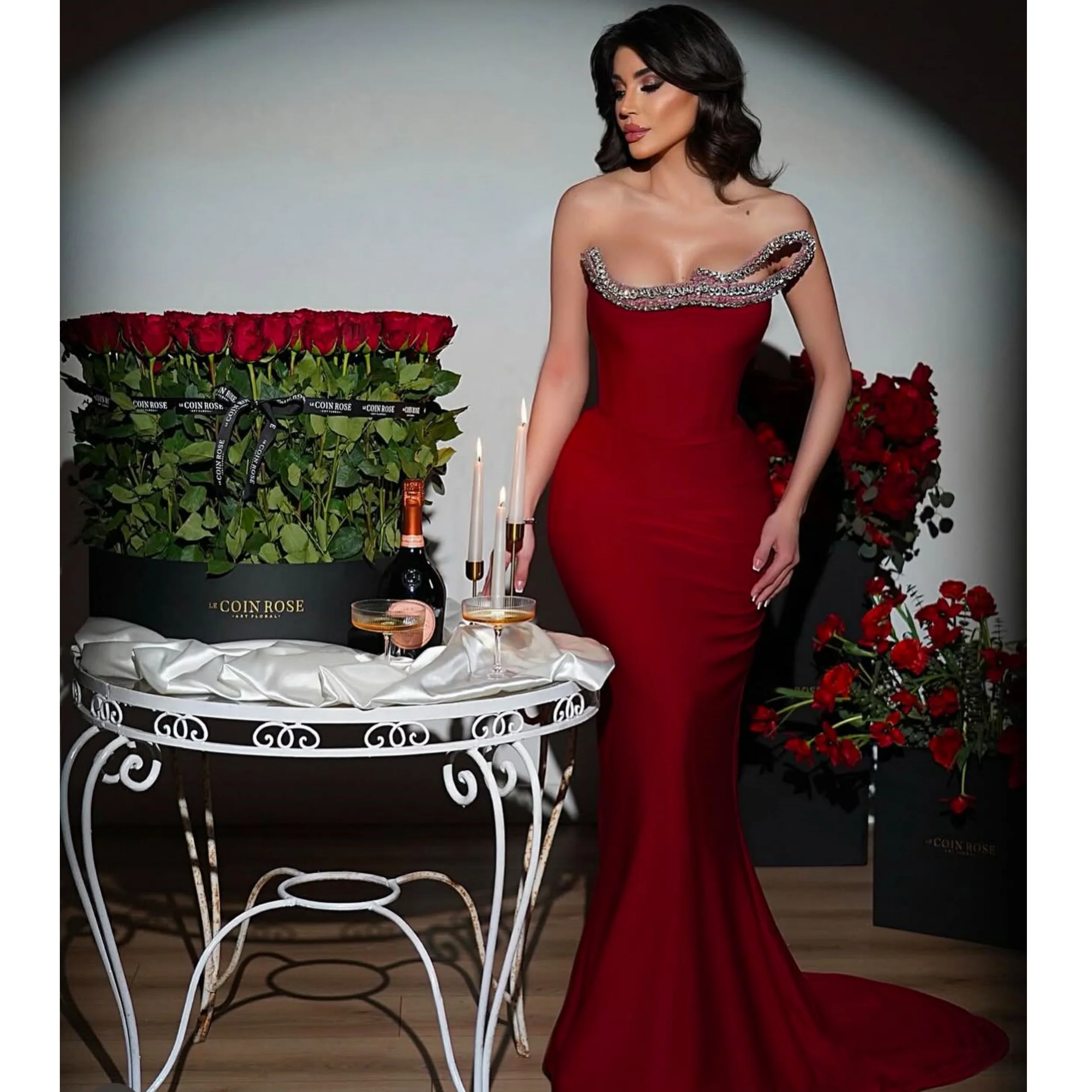 Elegante vermelho vestidos de noite sereia mancha lantejoulas formal vestidos de gala glitter sem mangas vestidos de festa de baile personalizado