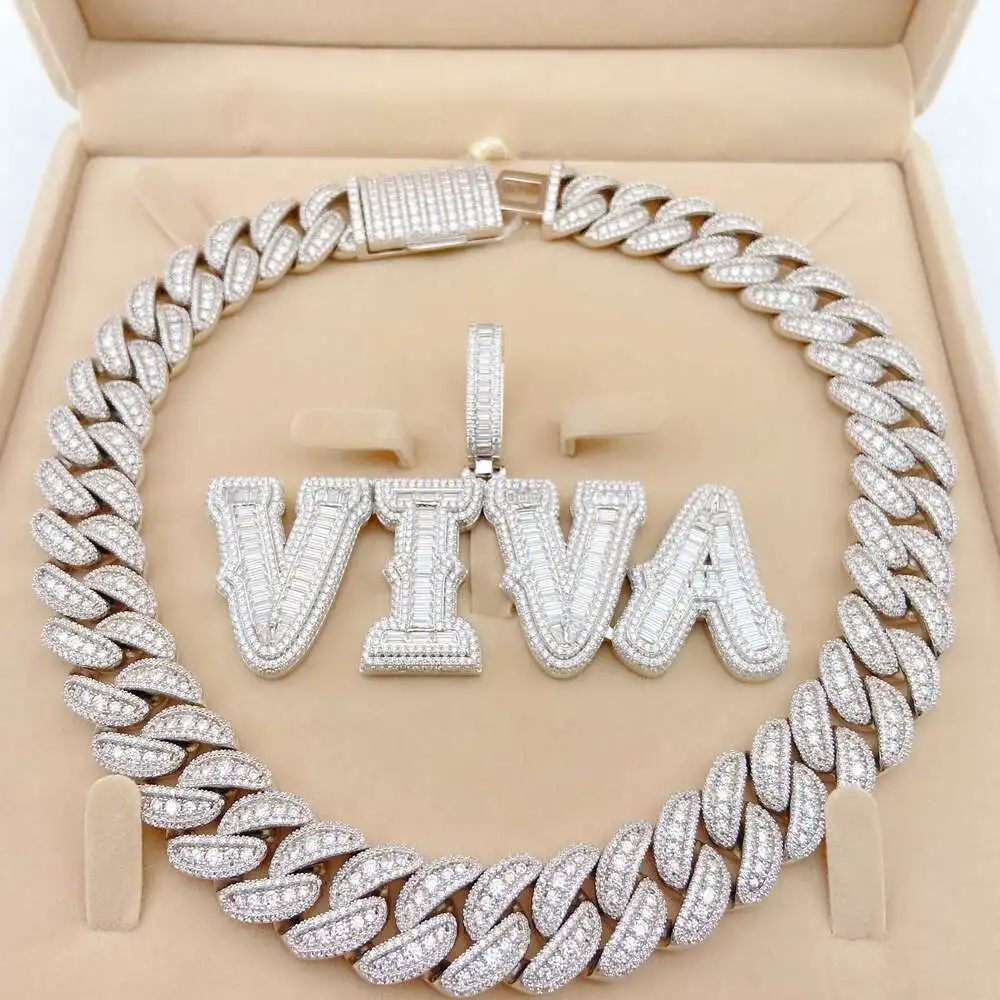 Hip Hop Bling Jewelry Iced Out Moissanite Sterling Silver Cuban Link Chain Custom Name Letter Pendant Necklace