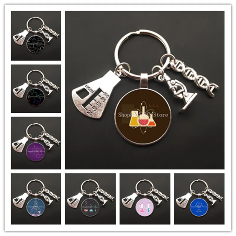 School Chemistry Biology Experiment Molecular Image Keychain Erlenmeyer Flask Chemical Molecular DNA Microscope Keychain