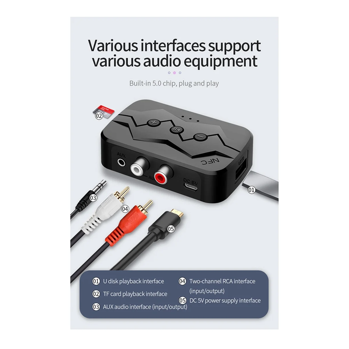 5.0 オールインワン Bluetooth レシーバー NFC Bluetooth トランスミッター TF カード U ディスク再生 RCA 通話アダプターをサポート