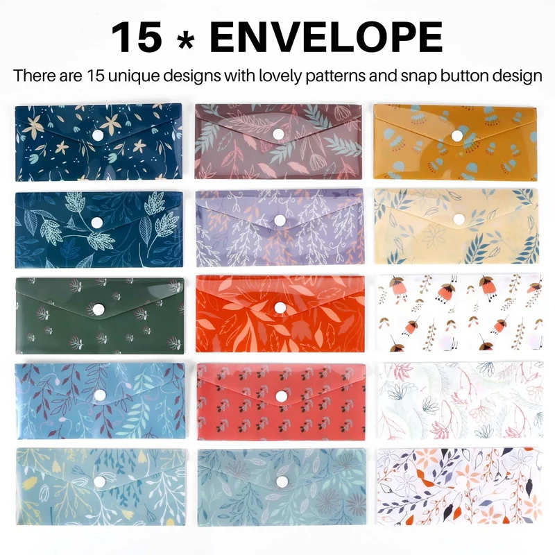 재사용 가능한 플라스틱 현금 봉투 시스템, 15 개의 방수 예산안 봉투, 15 개의 예산표 및 24 개의 스티커