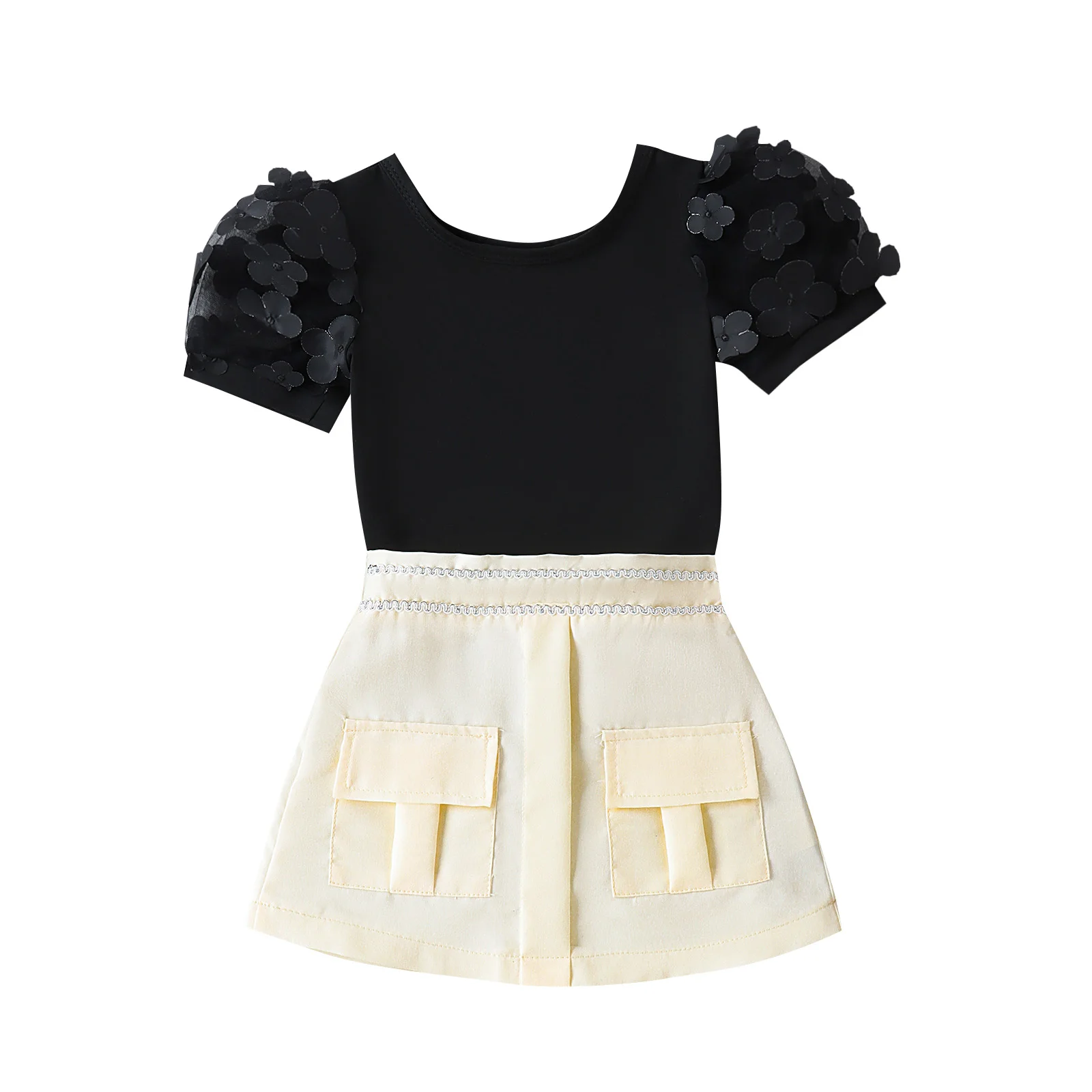 2PCS Summer Baby Girls 0-4 Years Old Baby Soft And Comfortable Base Simple Black Butterfly Sleeve Net + White Skirt Fashion Set