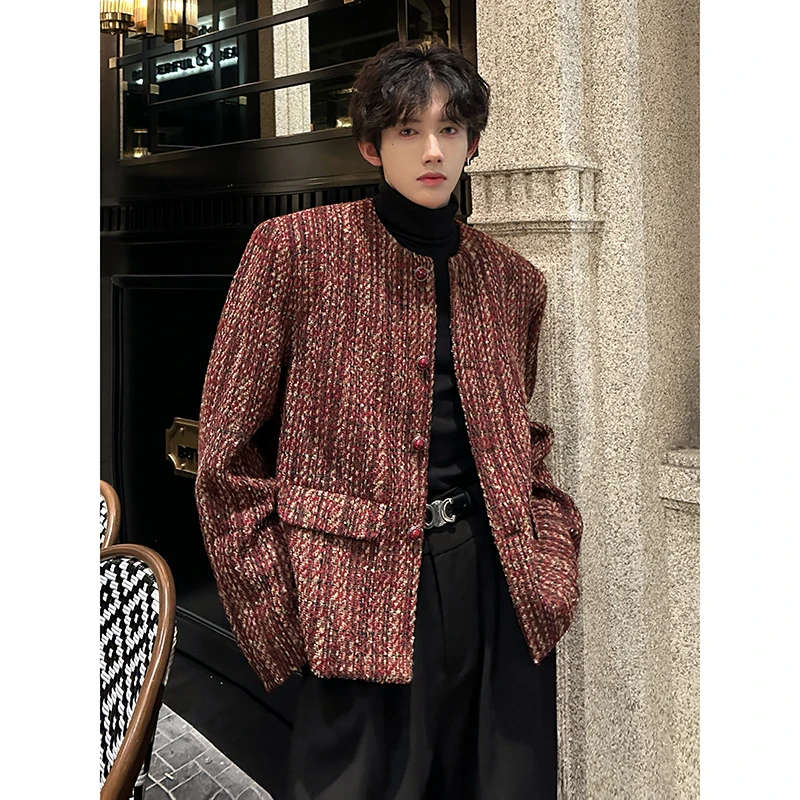 Round Collar Tweed Blazers Cardigan Men\'s Autumn Collarless Short Jacket Korean Style Chic Fashion Elgance Coat Handsome Jackets