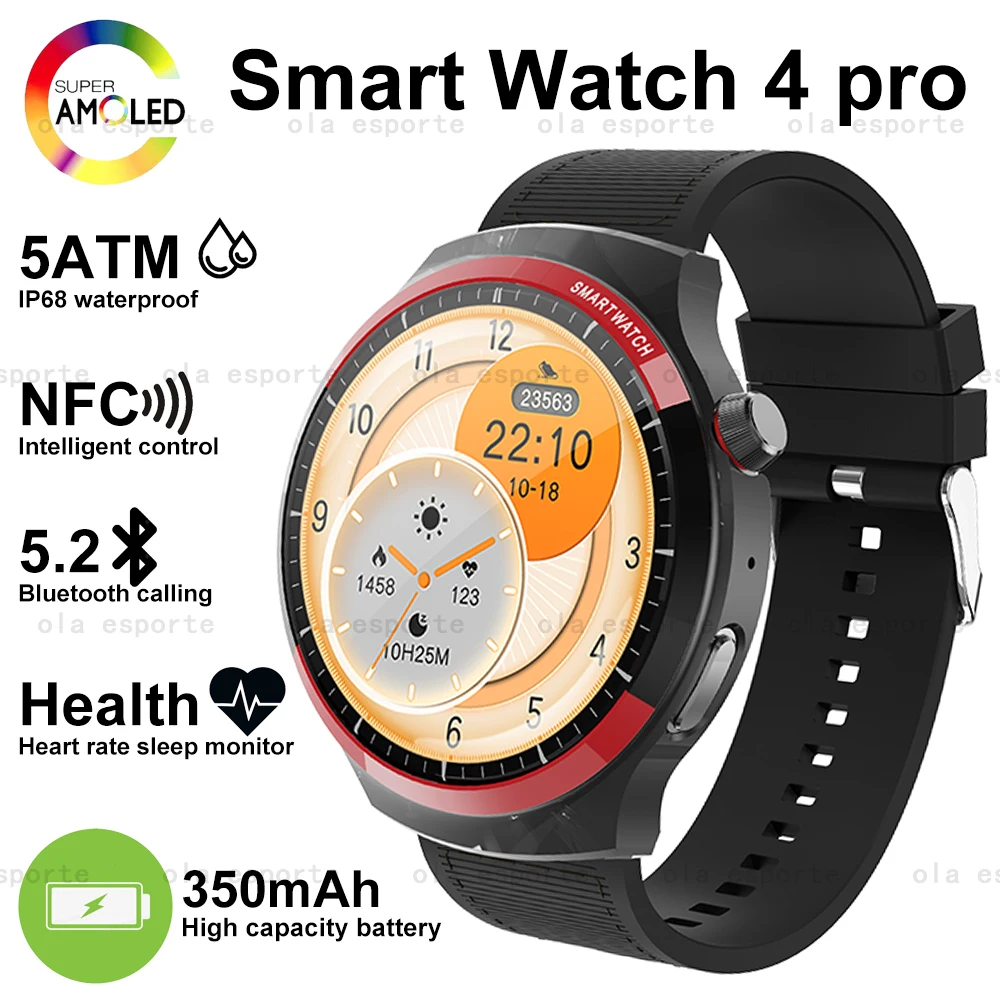 

Модные часы 4 PRO NFC Смарт-часы HD AMOLED-экран Bluetooth-вызов Водонепроницаемые спортивные часы Монитор сердечного ритма и сна Smartwatch
