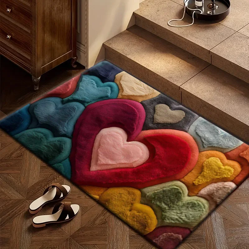 Heart Print Flannel Floor Mat Non Slip Washable Soft Rug for Entryway Kitchen Bathroom Valentine Gift Home Decor