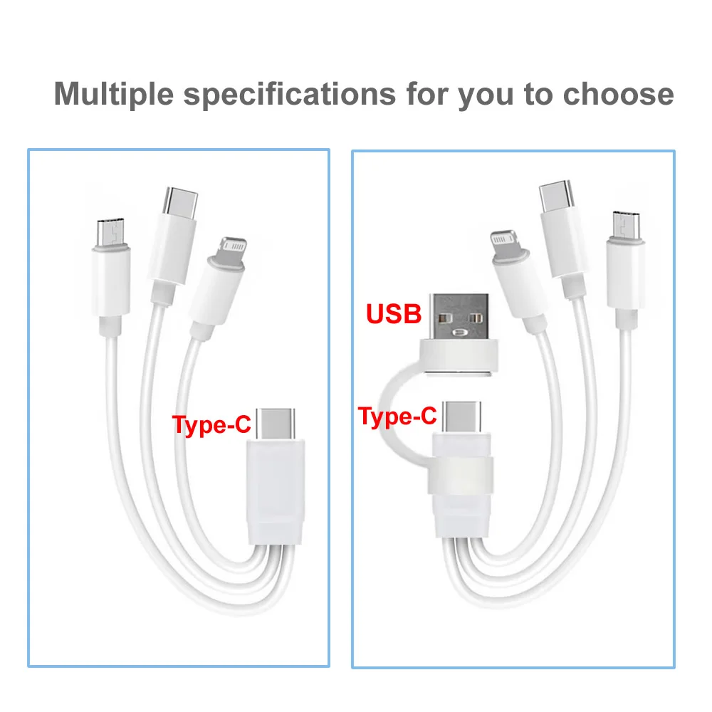 PD USB C Charging Cable for Multiple Devices Charging Cord Short 3 in1 Universal USB Cable with IP/Micro USB/Type C Mobile Power