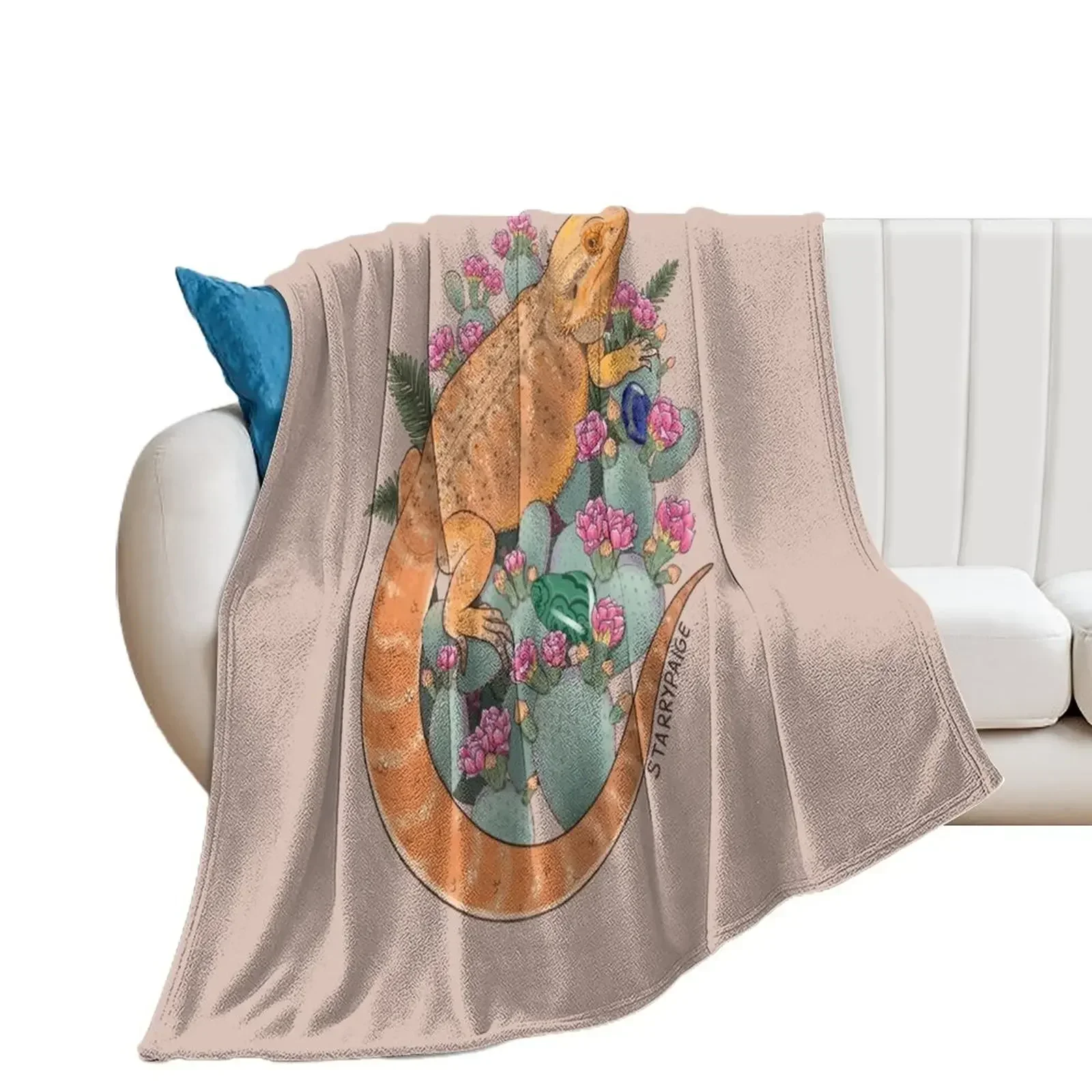 Bearded Dragon with Blooming Opuntia Cactus and Boston Ferns with Crystals Throw Blanket blankets and throws Beach Blankets