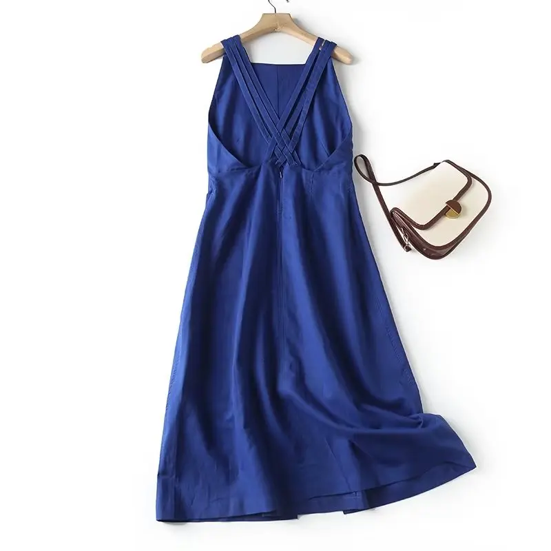 Maxdutti 2023 Fashion Dress Women Office Lady Summer Beach Dress Fashion Linen Tank Backless Treasure Blue Party