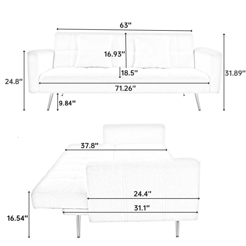 Sofa Bed Bulu Teddy Pink 71,7 Inci Dilengkapi Dua Bantal Lempar Gratis Furnitur Multifungsi Ruang Tamu Rumah yang Nyaman