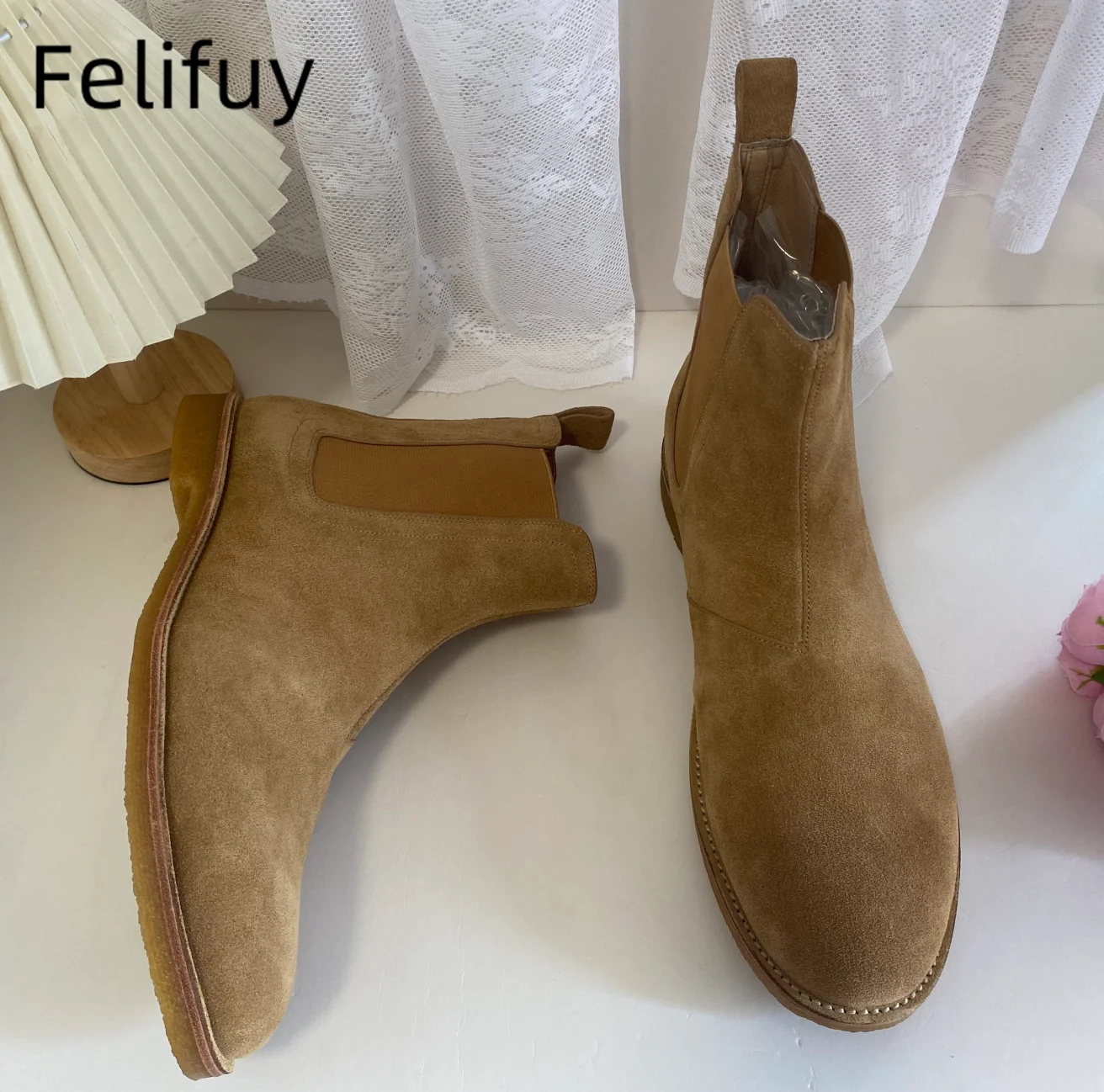 Real Photos Genuine Leather Men Chelsea Boots Korean Version Cow Suede High-Top Short Boots Size 38-46 Men Boots Autumn Boots