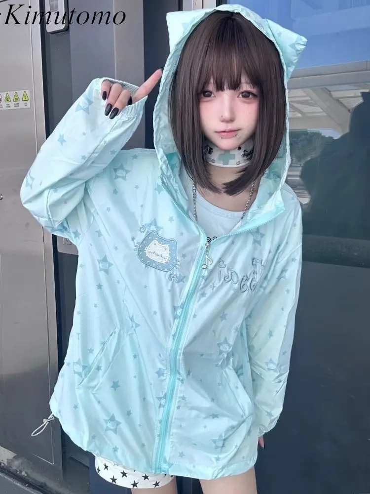 

Kimutomo защита от солнца свободное пальто с капюшоном Kawaii звездный принт карманы куртки женские милые Y2k милые пальто с вышивкой кота