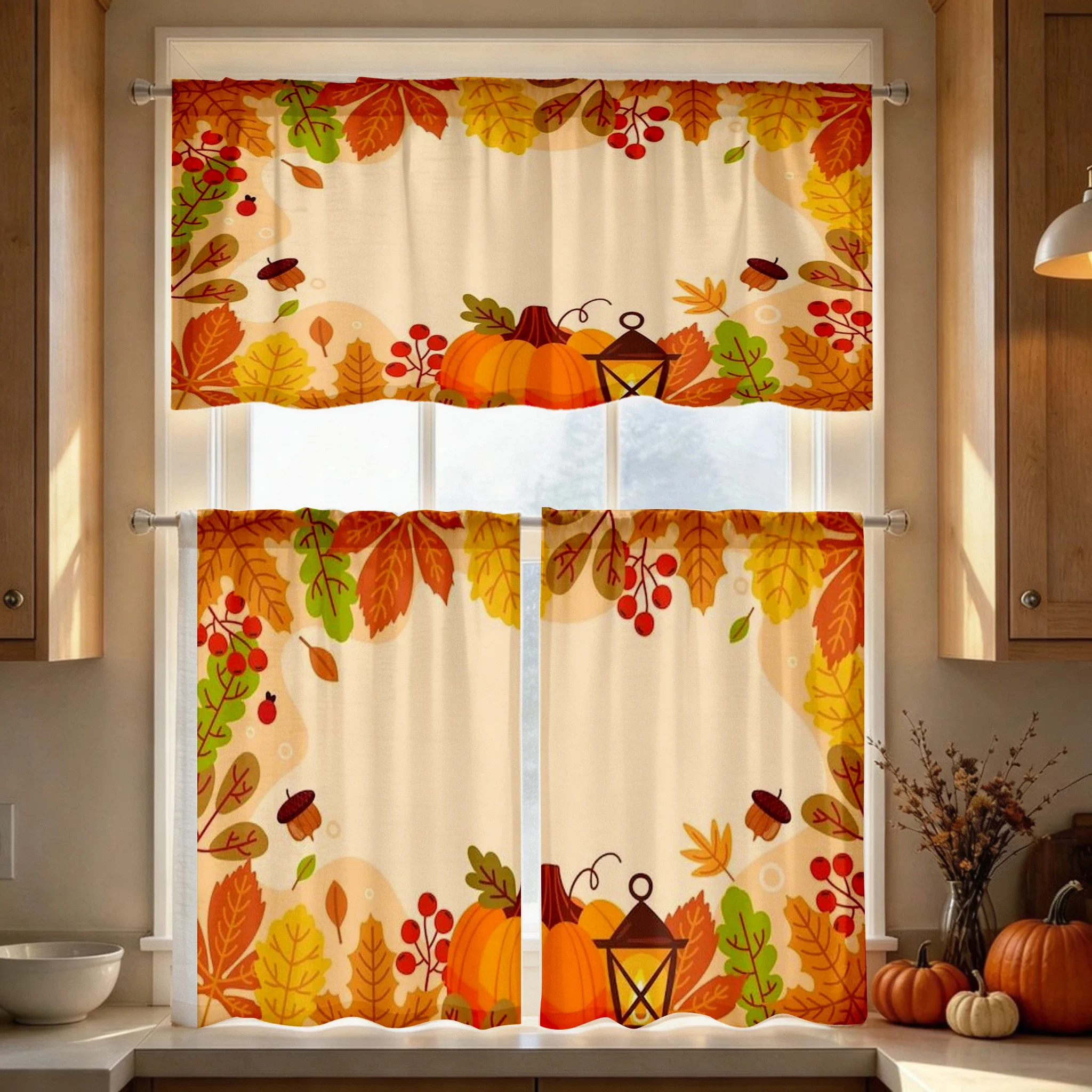 Thanksgiving Fall Kitchen Curtains, Pumpkin Lantern Berry, Digital Print, Kitchen Dining Room, Rod Pocket Polyester, Home Decor