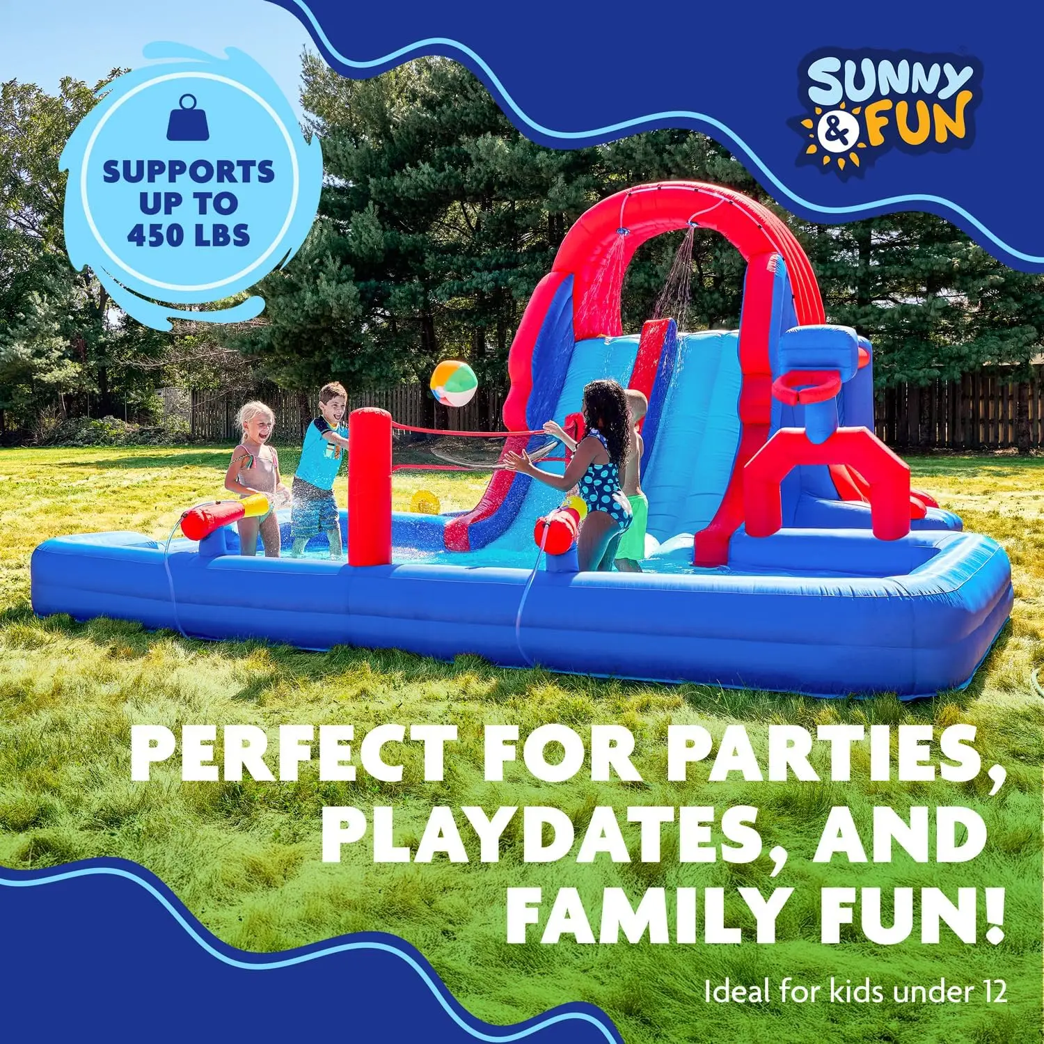 Heavy-Duty Inflatable Water Slide Park for Outdoor Fun - Climbing Wall, Slides, Bounce House, Volleyball Net, Basketball Hoop, Deep Pool - Includes Air Pump & Carrying Case view 4