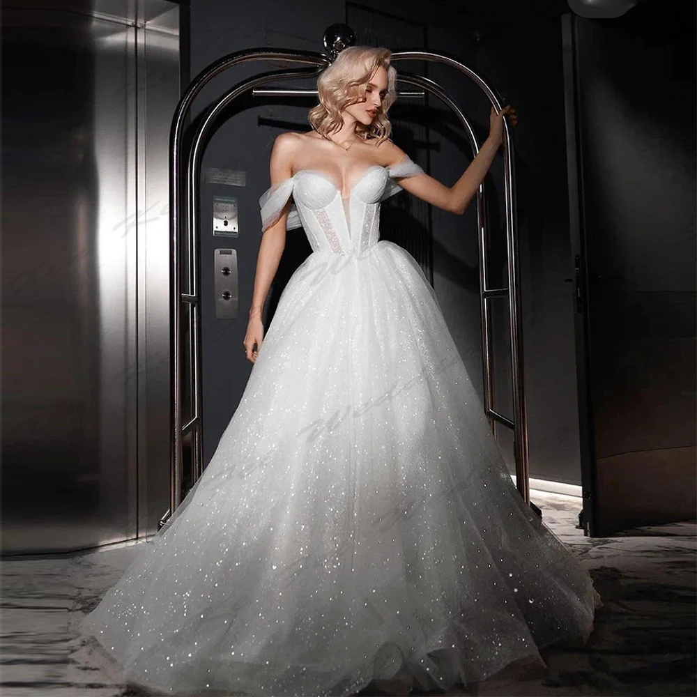 Exquisite Sparkling New Wedding Dresses For Women Sexy Mermaid Off Shoulder Fluffy Princess Style Simple Mopping Bridal Gowns