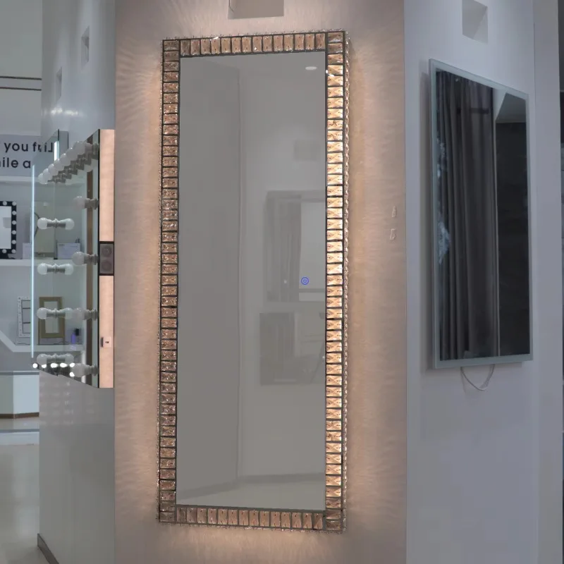 Modern Crystal Framed Touch Screen LED Full Length Mirror Luxury Full Body Dressing Mirror Floor Standing Vanity Mirror OEM ODM
