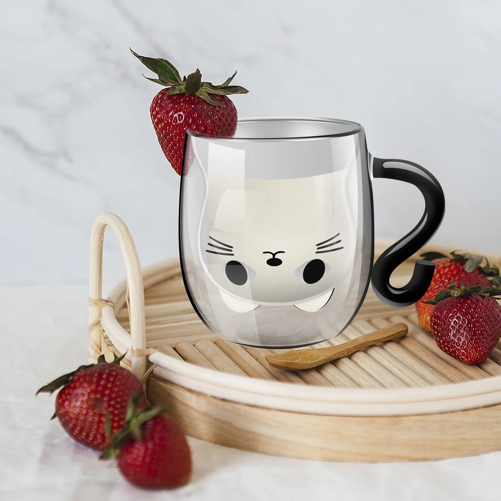 Cute Cat Mugs Double Vacuum Cute Tea Cups with Handle 250-300ml Glass Cat Coffee Mug Temperature Resistant Glass Water Milk Mug