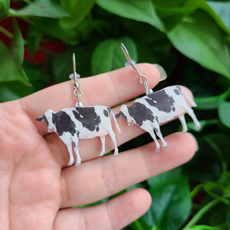 Acrylic Cute Dairy Cattle Cow Earrings Drop Dangle Jewelry Farm Animal For Women Girls Teens Kids Gift Party Charm Accessories