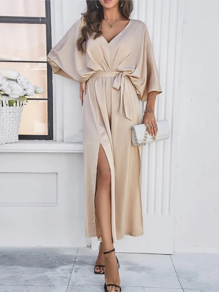 

Summer Temperament Elegant High Waist V-neck Loose Dress Women's Simple Fashion Solid Color Bat Sleeve Lace-up Casual Dresses