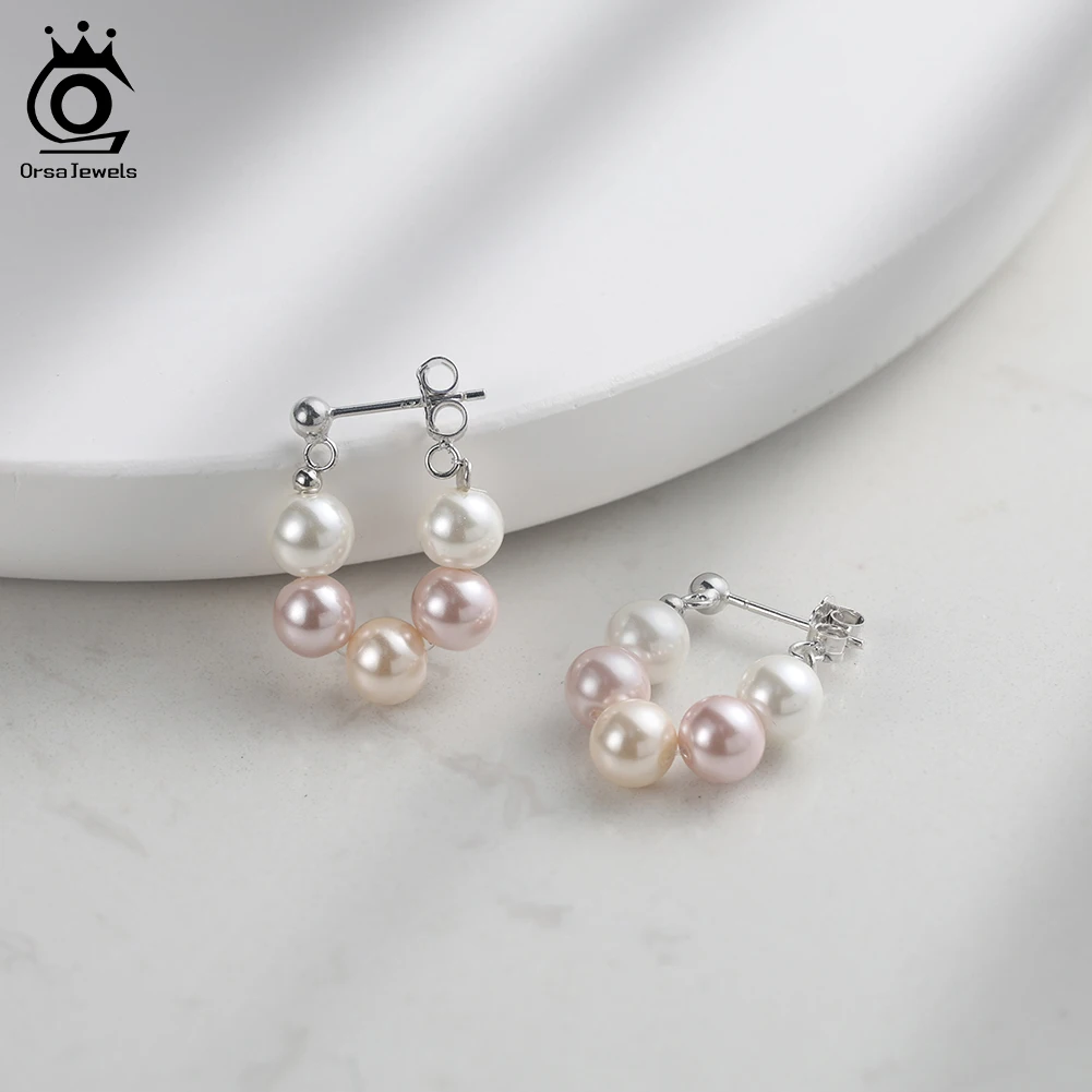 ORSA JEWELS 925 Sterling Silver U-shaped Hoop Earrings Elegant Shell Pearl Beads Earrings Wedding Party Luxury Accessories PSE08