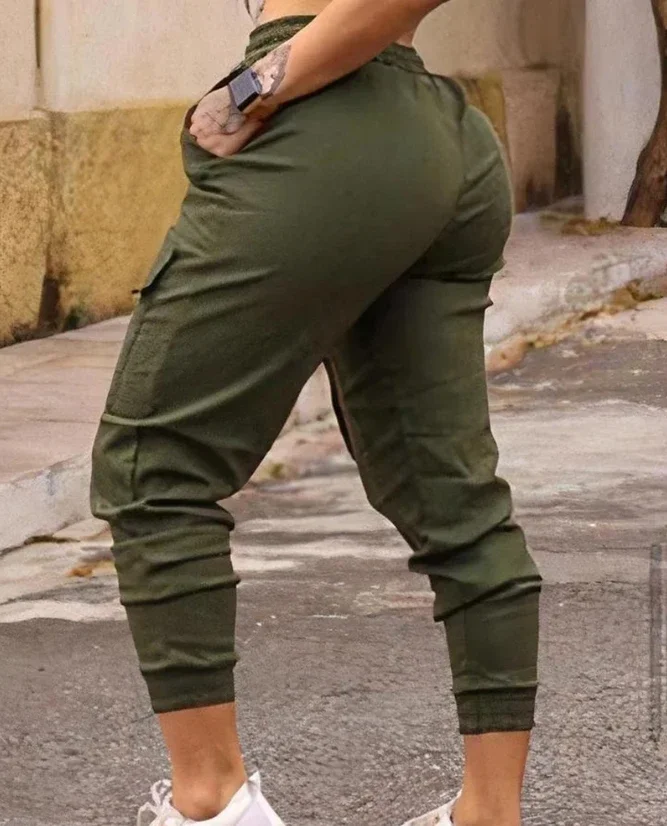 Calça casual feminina decorativa cargo, calça monocromática, suspensórios de punho, design de bolso, tendência de rua, novo, 2023