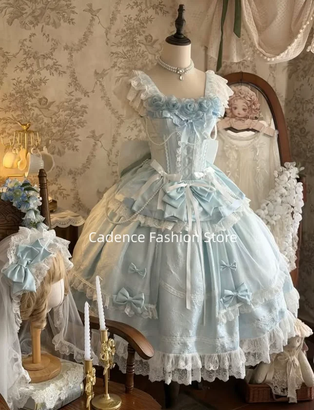 Sky Blue Lolita Evening Dresses 2026 Boat Neck 3D Floral Beading Sweet Girl Cosplay A-line Bow Customized Birthday Party Dress
