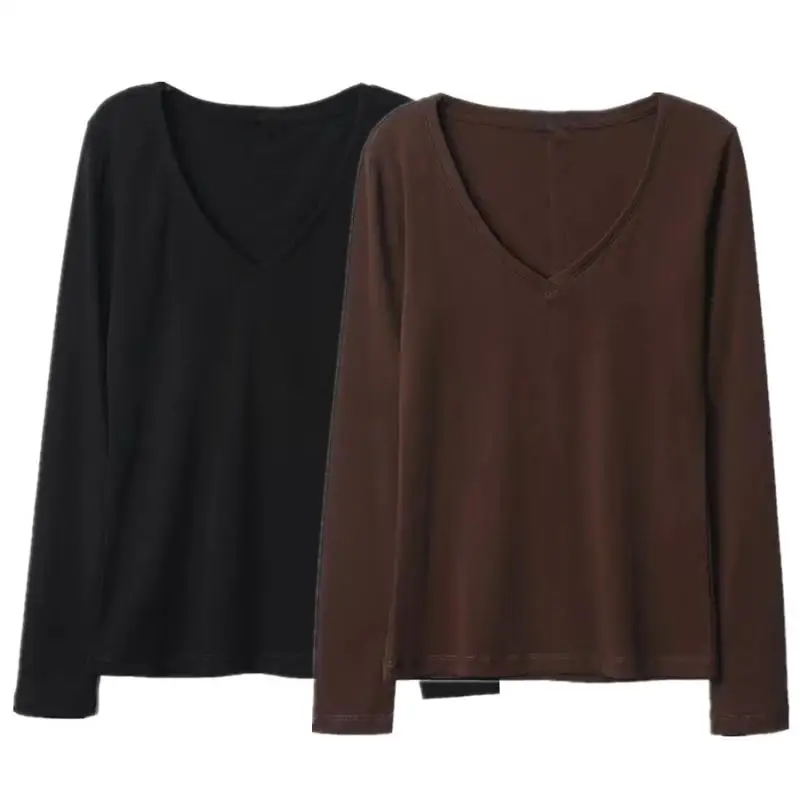Maxdutti Minimalist Women's Clothing In Southern France Solid Color Cotton Round Neck Long Sleeved T-shirt Elegant Top Woman