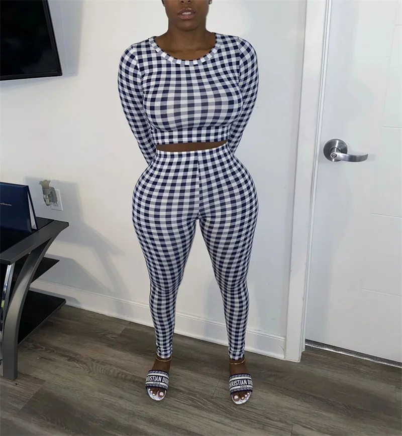 

Doyerl Basic Plaid 2 Piece Set Woman Clothing Casual Long Sleeve Crop Top and Pencil Pants Matching Sets Conjuntos De Mujer