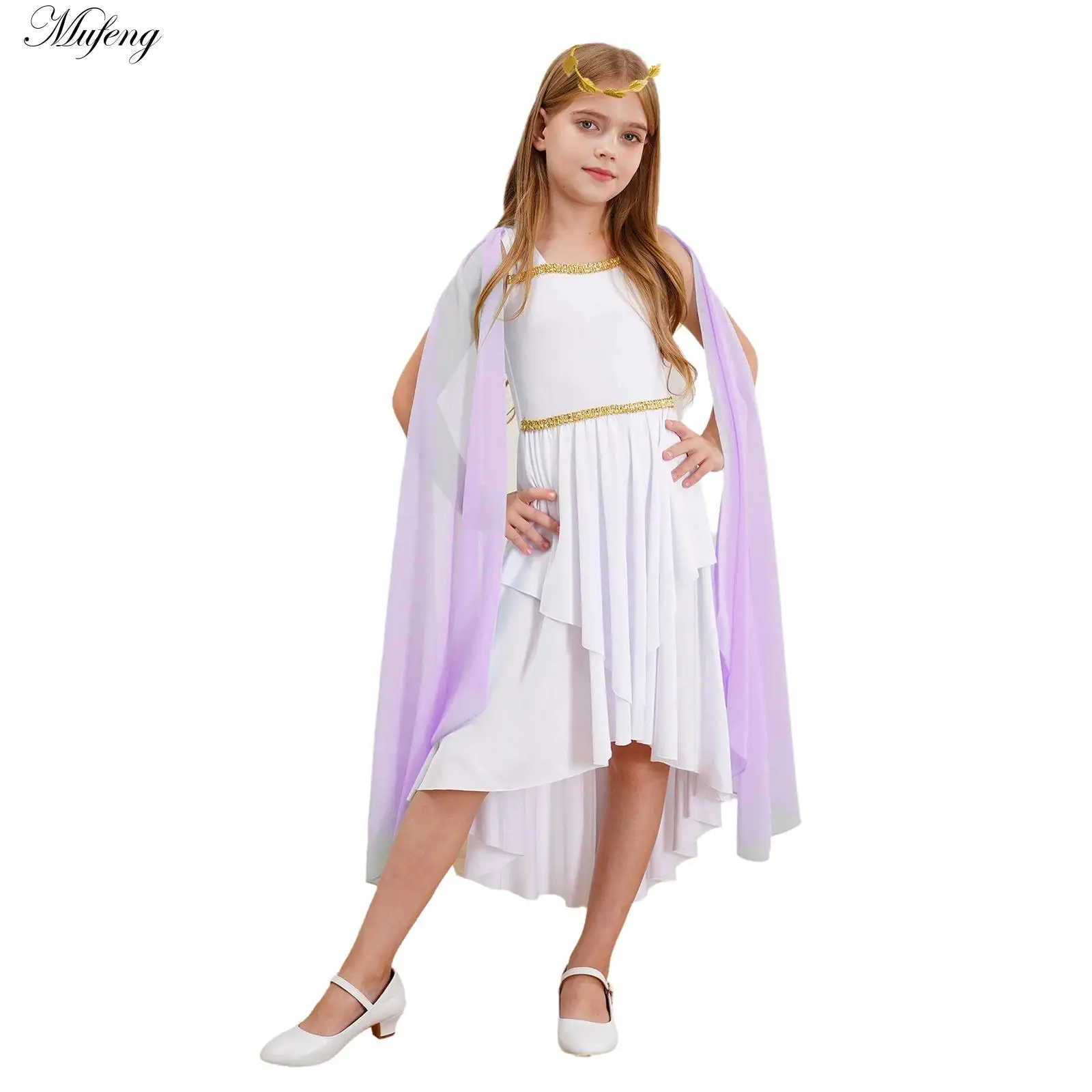 Girls Halloween Ancient Princess Dress Greek Toga Costumes with Wreath Headband Greece Mythos Philosopher Suit Stage Performance