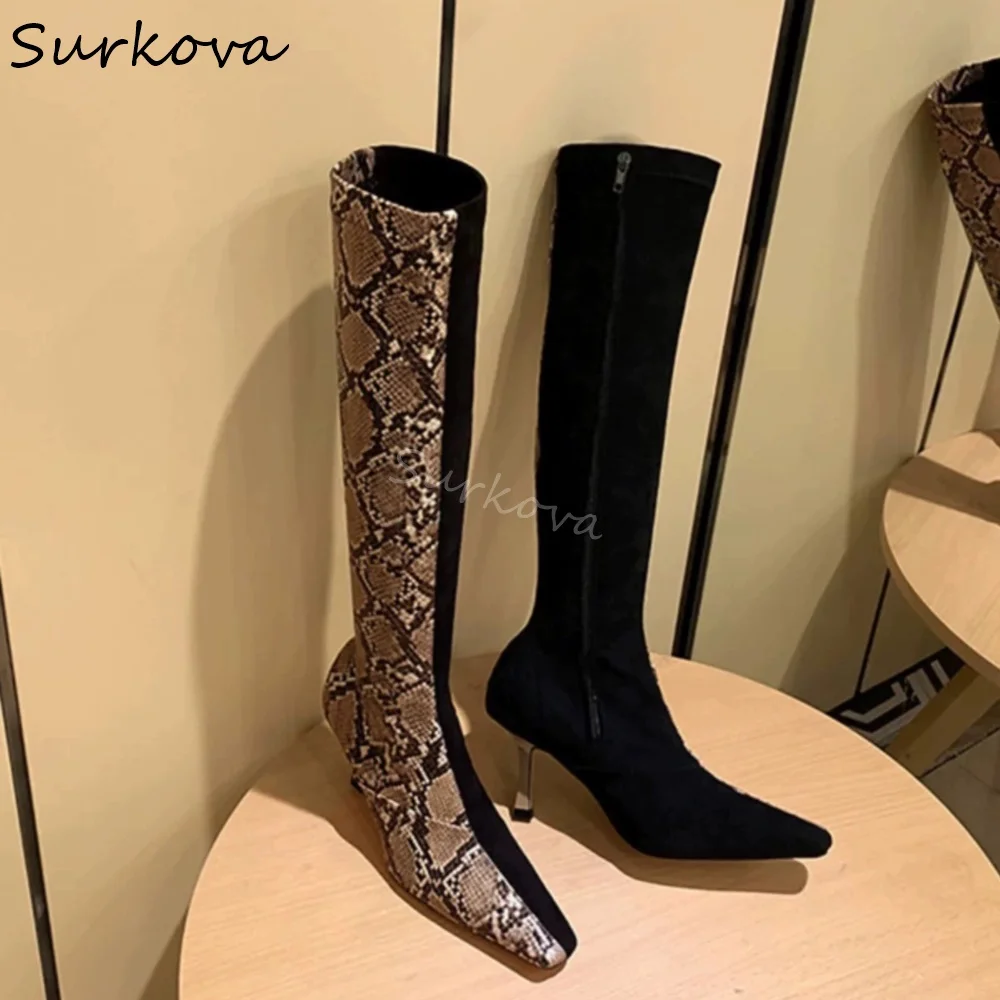 

Flannel Patchwork Snake Print Knee High Boots Women Square Toe Stiletto Heel Side Zipper Temperament Boots New Fashion Design