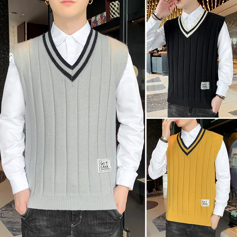 

Пуловер в полоску, мягкий вязаный свитер, топы, трикотаж без рукавов с v-образным вырезом, жилет, мужской однотонный однотонный свободный крой, универсальная толстовка