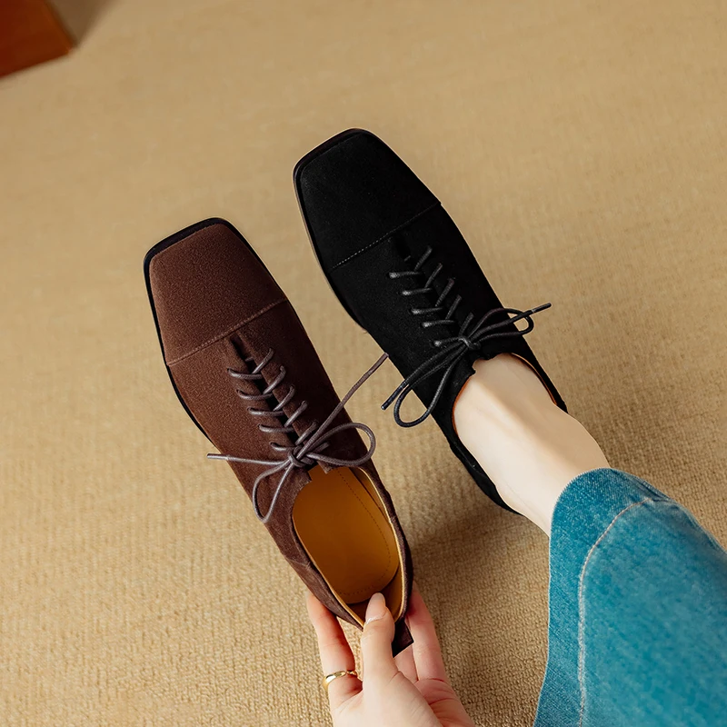 

Весна 2024, женские туфли-лодочки, детские замшевые туфли с круглым носком на массивном каблуке для женщин, повседневные женские лоферы на шнуровке, женская обувь ручной работы