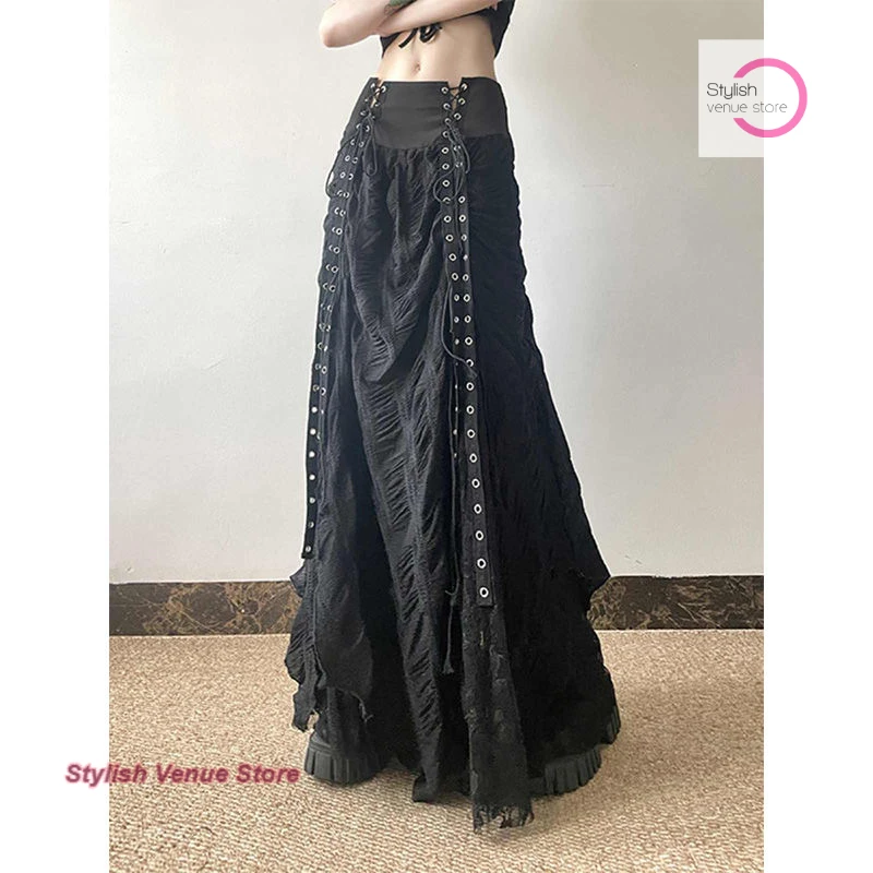 

Американская ретро-темпераментная кружевная газовая юбка, женская весенне-осенняя юбка с высокой талией, длинная юбка