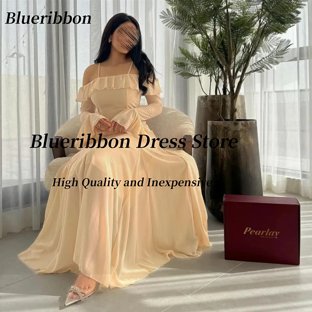 Blue Ribbon Spaghetti Bateau Neck Ballkleider lange Ärmel Reiß verschluss zurück Brautjungfer Kleid für Hochzeiten Chiffon Abend Abendkleid