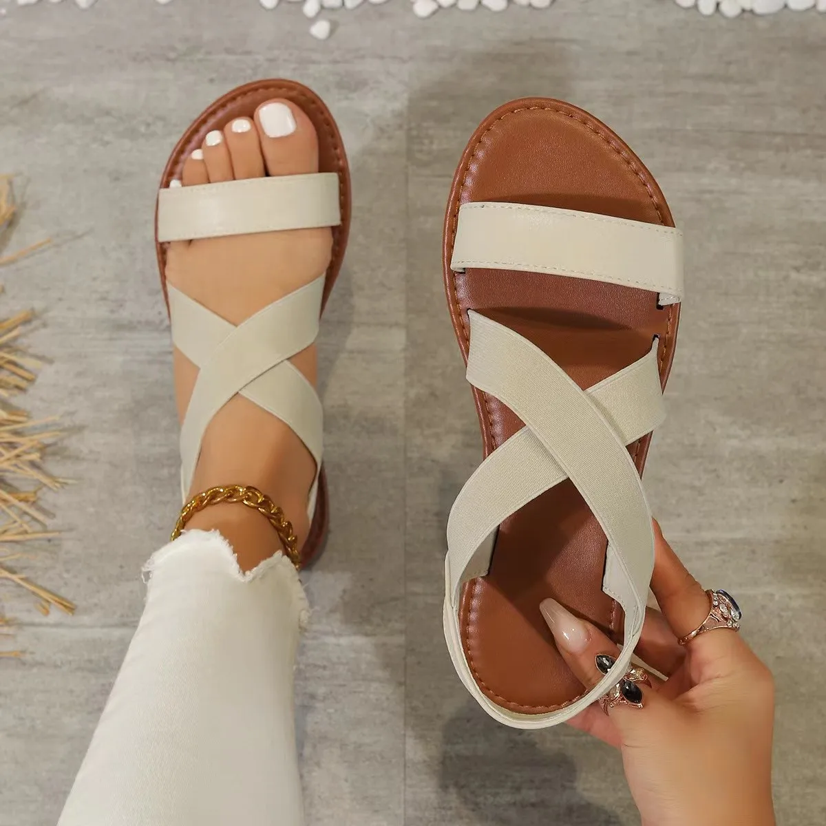 2025 spring and summer new fashion foreign trade large size women's casual flat sandals temu early spring non-slip cross belt