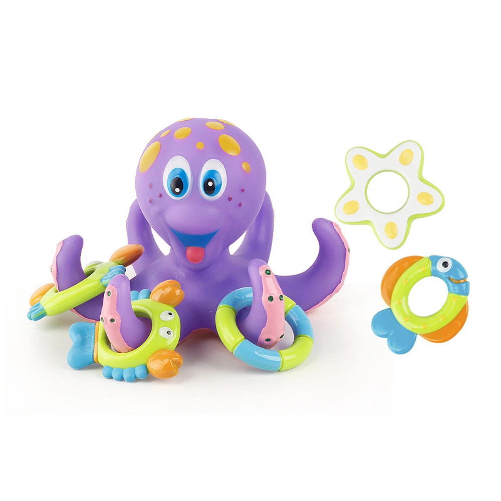 Flutuante Polvo Roxo Banho Brinquedo com 5 Anéis Hoopla, Puzzle Anel Jogando, Brinquedos Sensoriais, Presente Baby Shower, 18 + Meses