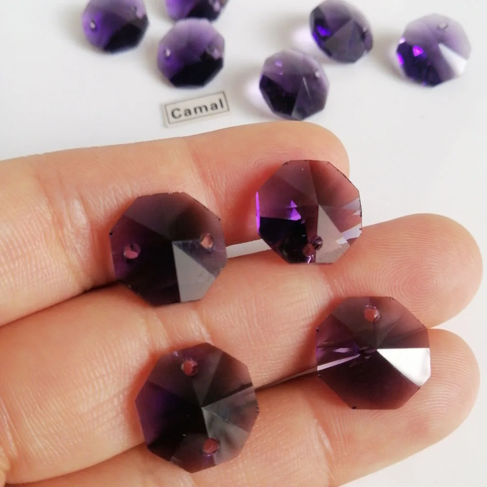 Camal 20pcs Violets 14mm 1/2 Holes Crystal Glass Octagonal Loose Bead Prisms Chandelier Lighting Lamp Part Curtain Wedding Decor