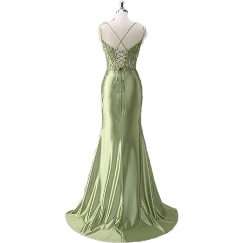 Customized Lace Appliques Satin Prom Dresses for Women with Slit Spaghetti Strap Backless Long Mermaid Evening Formal Gown - view 2