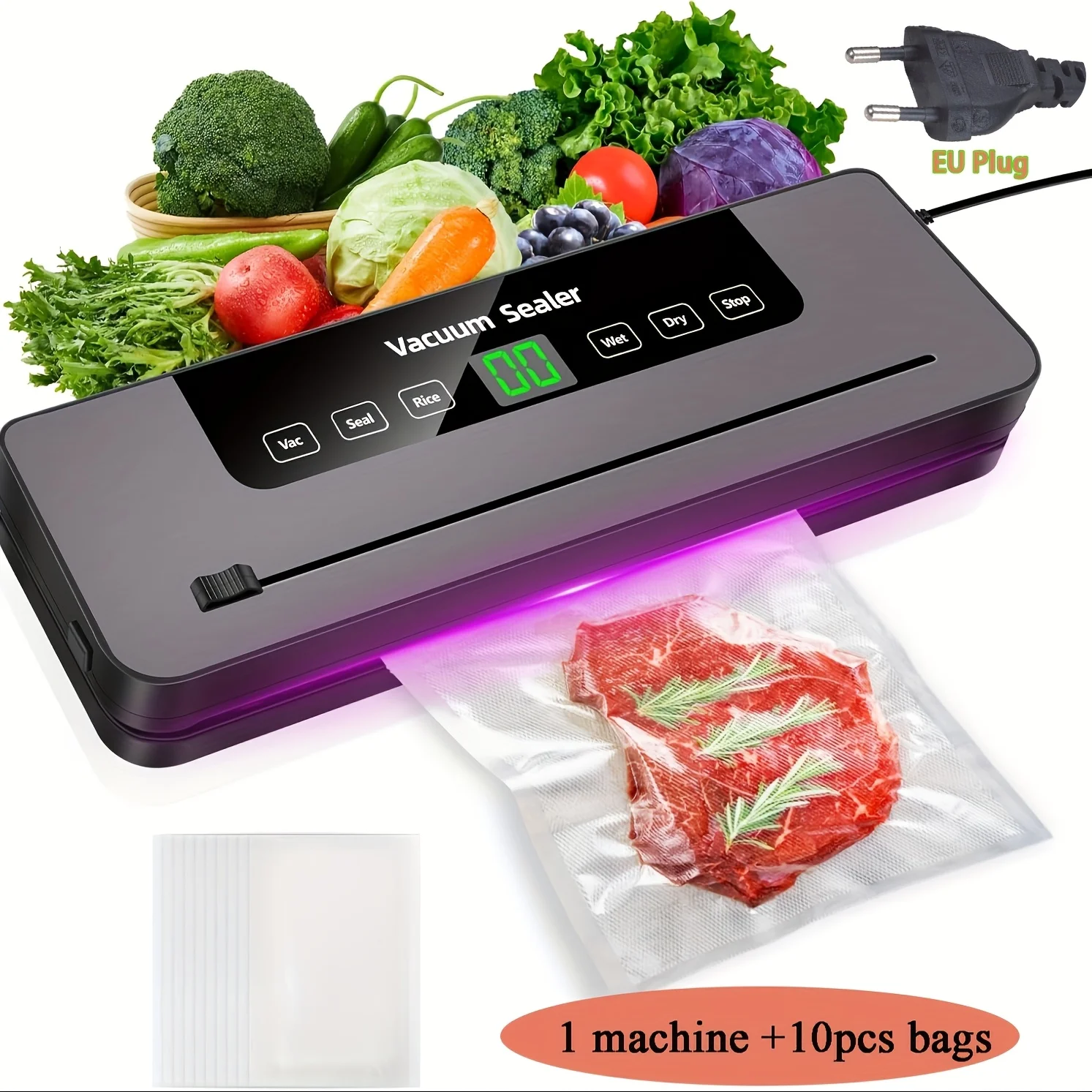 

EU Plug Vacuum Sealer Machine with 10 Bags, Multi-Functional Vacuum Food Sealer Machine Compact Vacuum Food Preservation to Keep
