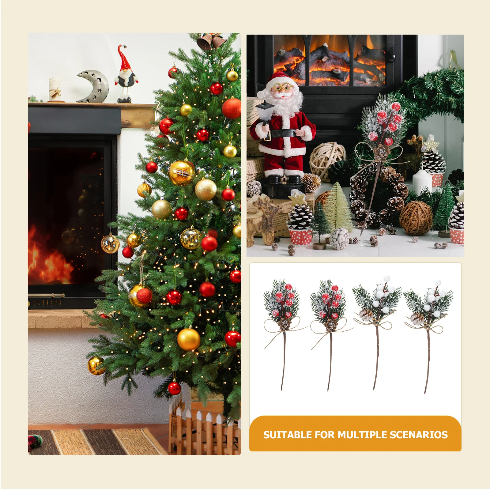 

8Pcs Artificial Christmas Pine Picks Lifelike Berry Pine Cone Decor for Christmas Tree Ornament Festive Home Decoration DIY