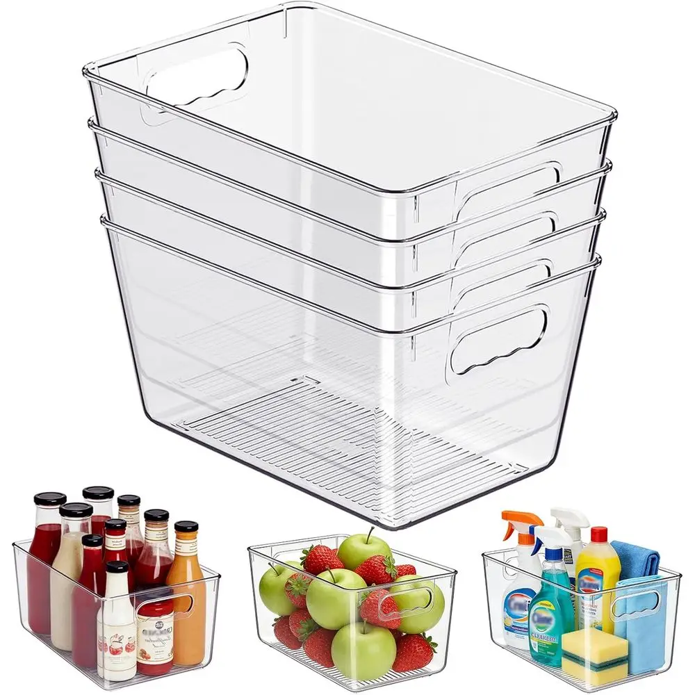 

Clear Plastic Storage Bins, 4-Pack Stackable Pantry Organizers and Storage Containers for Kitchen, Fridge, Cabinet and Closet Or
