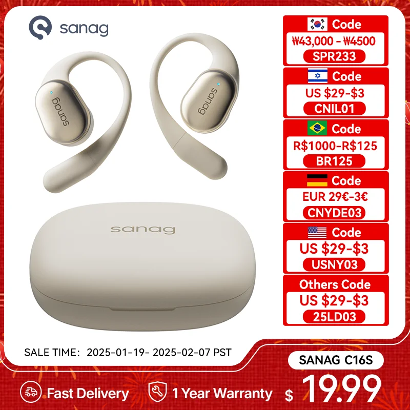 Sanag C16S Wireless Bluetooth Headphones Bluetooth 5.4 Open Ear Headphones HiFi Sound Headset AAC TWS Earbuds 8 Hours Playback