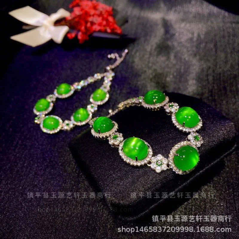 

Chalcedony Women'S Bracelet With Green Surface Jadeite Color Inlay Natural Stone