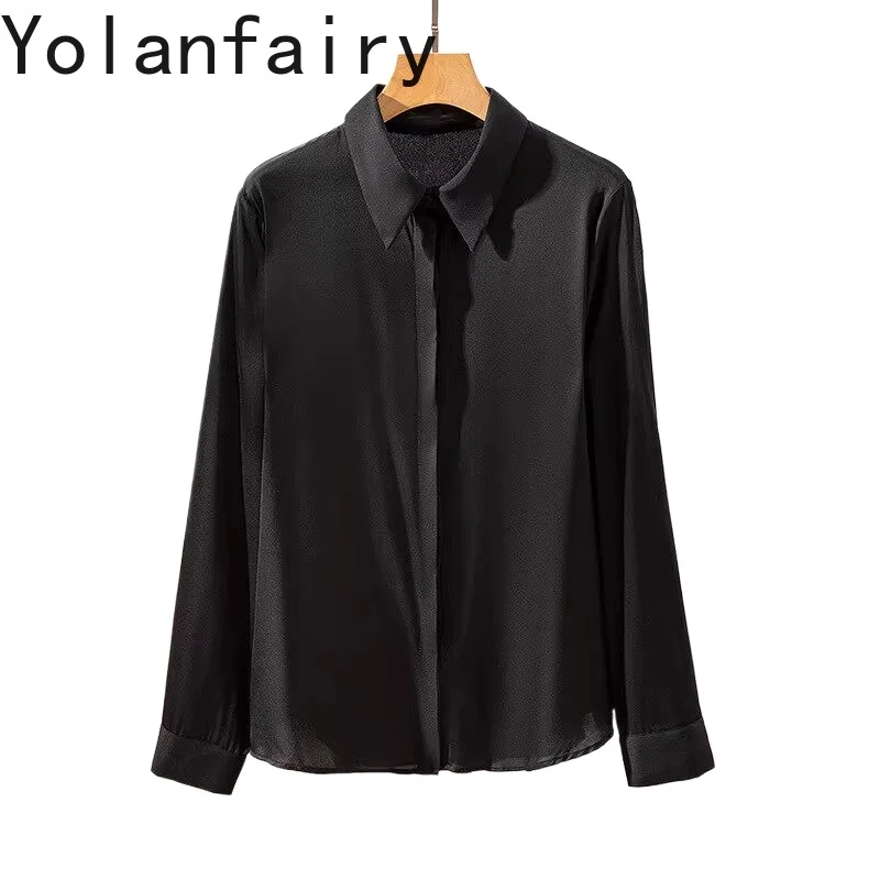 

YOLANFAIRY 93% Natural Mulberry Silk Shirts for Women 2026 Spring Summer Long Sleeve Blouses Woman Tops Black Shirt OL Blouse