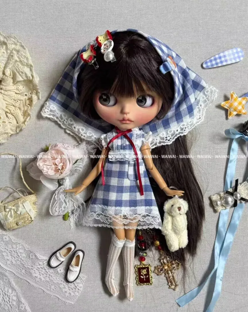 

3pcs blue plaid patchwork lace dress headscarf + plaid skirt + bouquet for Blythe(Fit for Lulu,ymy24,Ob22,24,26,zone, Jenny)