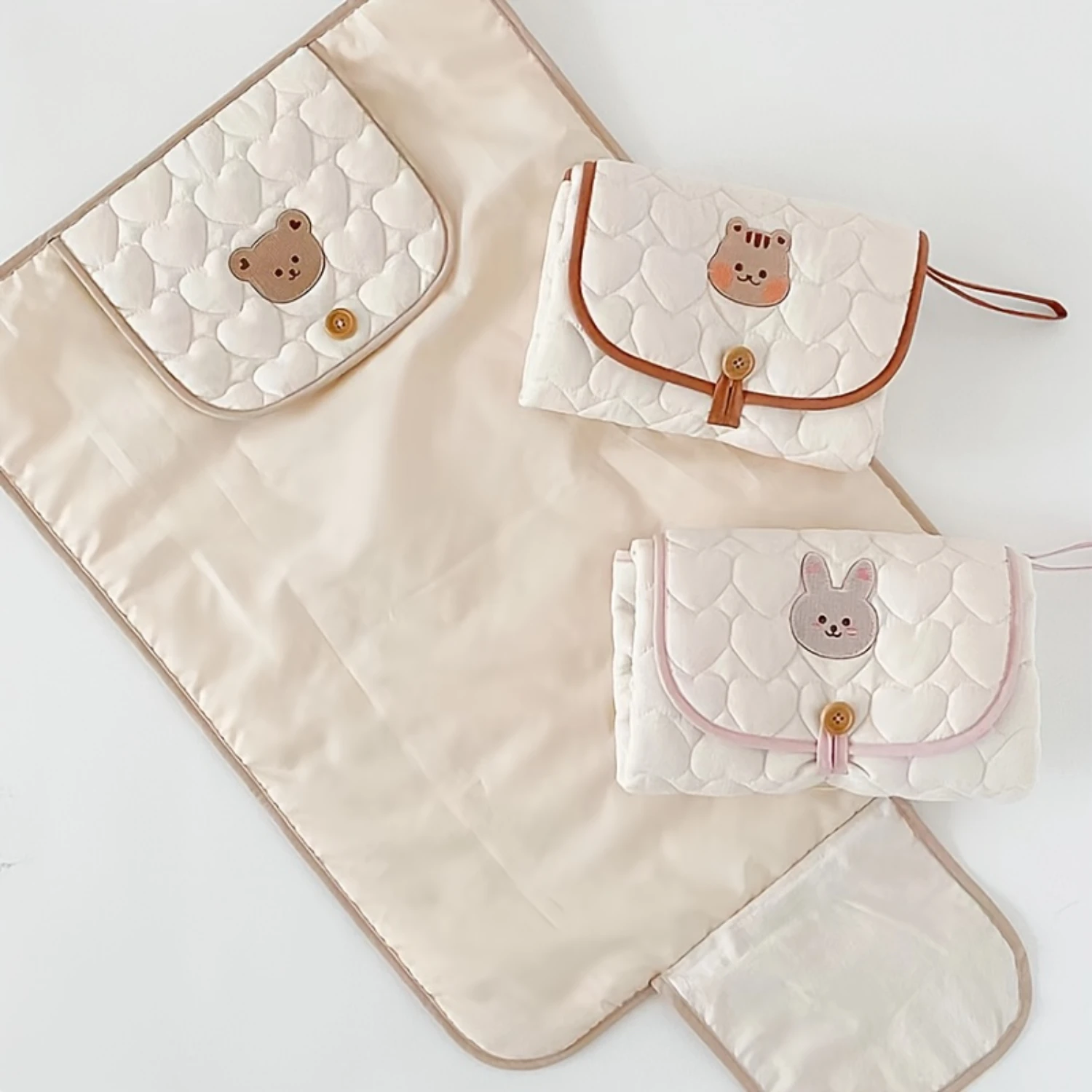 1pc Beige Embroidered Cute Animal Pattern Changing Pad, Portable Changing Mat