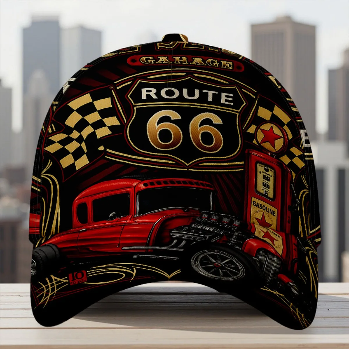 Route 66 Hot Rod Garage All-Over Print Duckbill Hat Fitted Closure Hand Wash